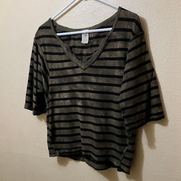 We The Free Tops - We The Free Women's Head In The Clouds Green Striped Distressed Cropped Shirt XS